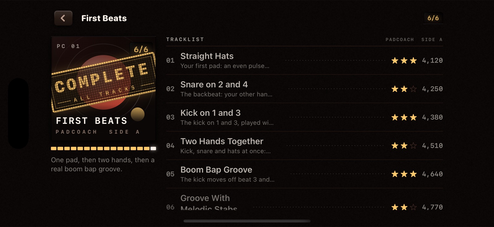 The First Beats tracklist screen: the album sleeve stamped COMPLETE beside a numbered list of the six lessons, each with a star rating and a best score.
